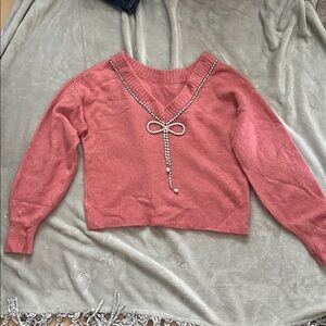 Express Coral Pink Sweater with Embellished Bow and Pearl Detail